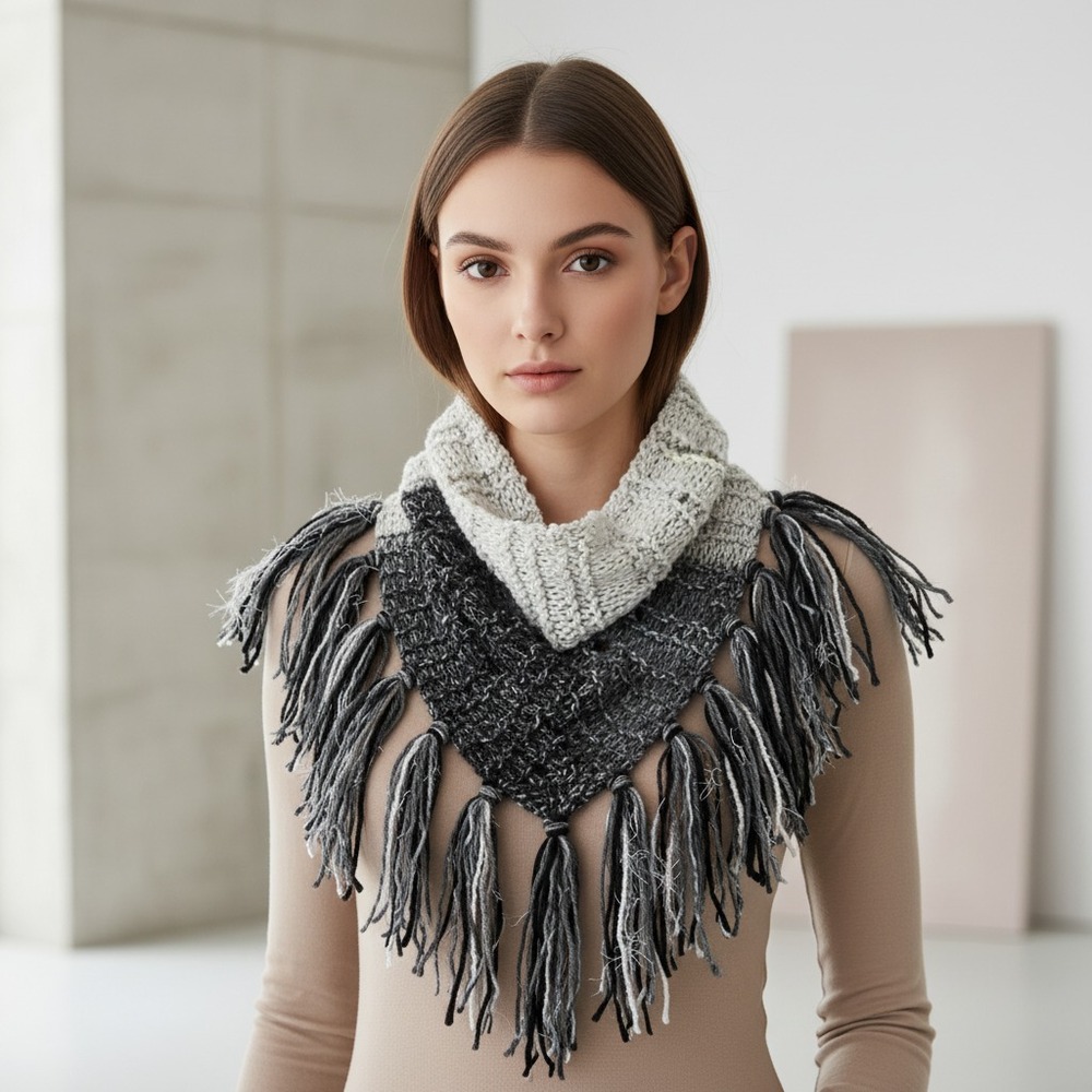 NEW Hand Knitted Black Gray White Ombre Boho Cowl Scarf Fringe Festival Indie